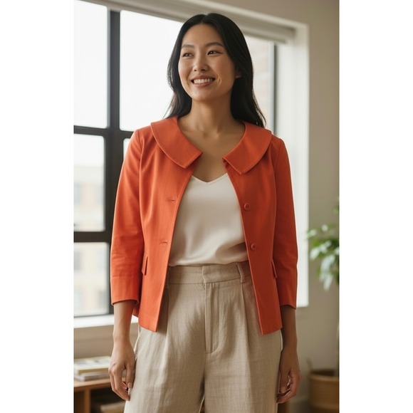 Rena Lange Jackets & Blazers - Rena Lange Orange Cotton Blend Peter Pan Collar Blazer Jacket Size 6